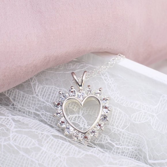 Red Rhinestone Heart Pendant Necklace Reversible Sterling Silver Clear Red 18" - Picture 2 of 9